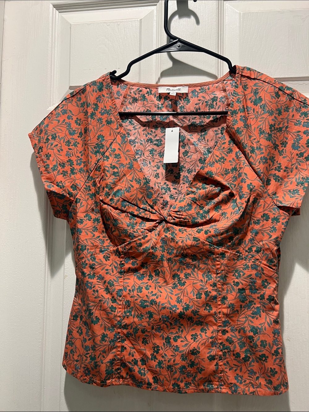 Madewell Coral Top with Green Floral Print and Front Twist